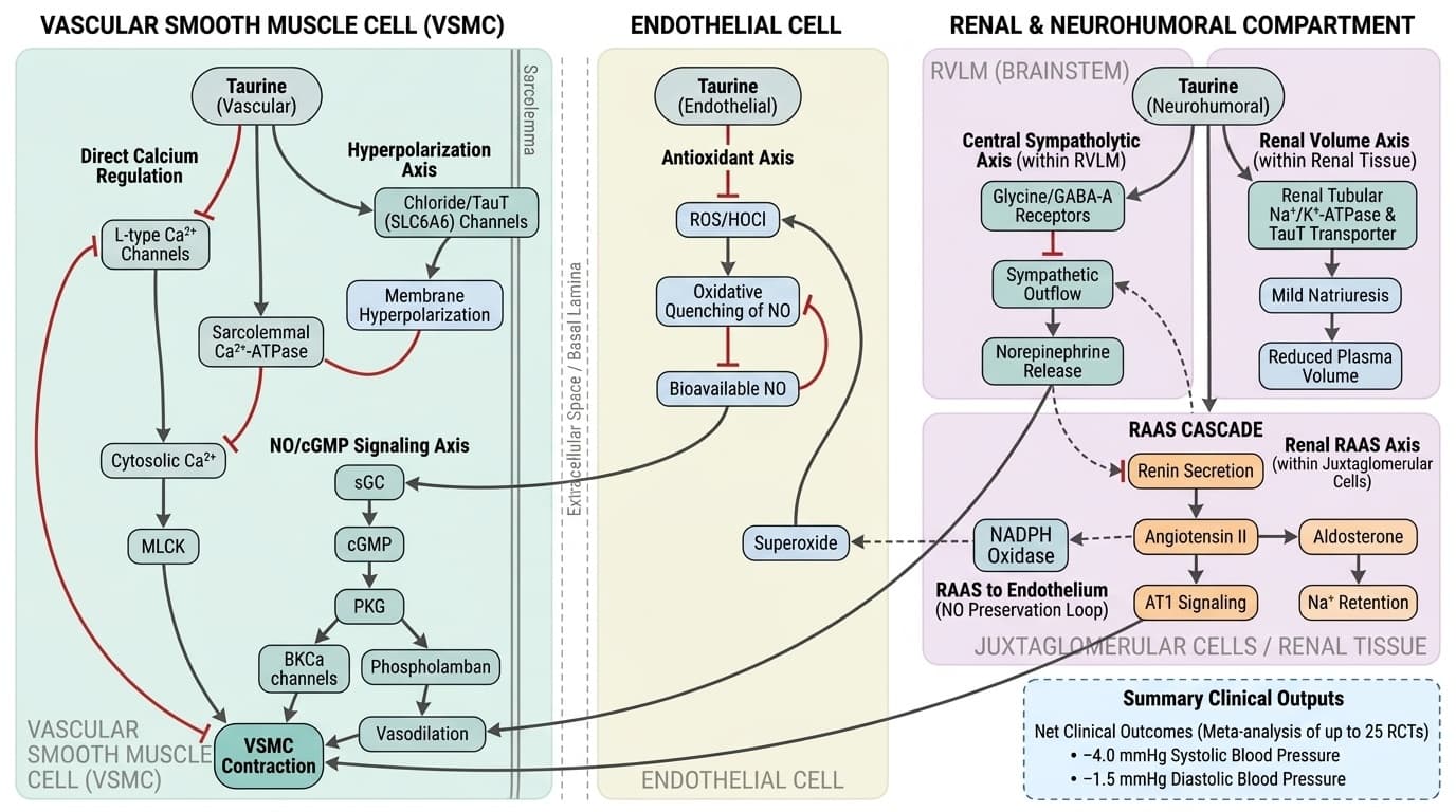 Taurine Targets Calcium Channels and GABA Receptors for Blood Pressure Control